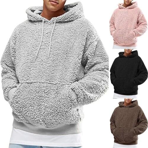 Men Autumn Winter Solid Color Thick Plush Faux Fleece Sweatshirt Hoodie Outwear