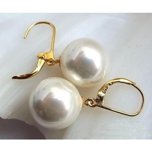 Unique Pearls jewellery Store 14mm White Round South Sea Pearl Dangle Earrings Charming Wedding Birthday Mothers Women Gift