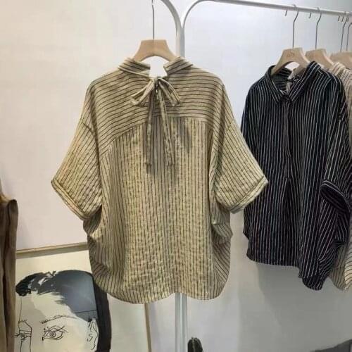 Cotton 100% Striped Loose Women Shirts Summer Vintage 2021 Bow Batwing Sleeved Loose Casual Female Outwear Coats Tops