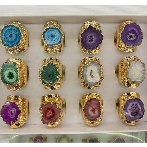 Women Sunflower Theme Druzy Ring Crystal Quartz Geode Stud Adjustable Open Goldtone Plating Coated Rings