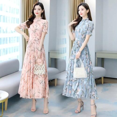 Women Maxi Floral Chiffon Dress Summer 2021 Boho Retro Elegant Casual Party Night Vacation Fairy Runway Long Vestidos Korean New