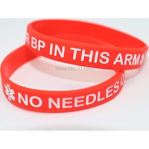 100pcs No Needles or BP Medical Alert ID red wristband silicone bracelets free shipping by epacket A
