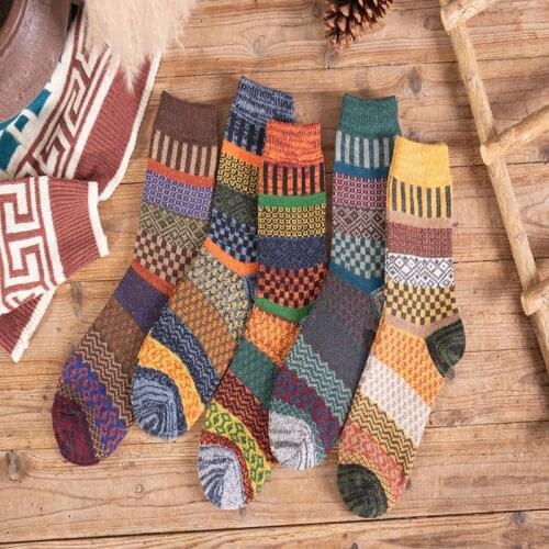 5 Pairs Autumn Winter Nordic Socks Thick Knitted Two-Way Colorful Patten Crew Socks Men Women Thickened Wool Socks d88
