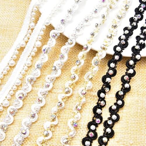 5 Yards 1cm Width Black White Rhinestone Fabric Ribbon Pearl Embroidered Beaded Lace Trim DIY Sewing Collar Costume Decoration