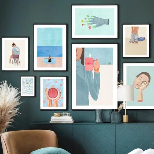 Abstract Figure Cup Thinking Beach Girl Hand Flower Nordic Poster Wall Art Print Canvas Painting Decor Pictures For Living Room