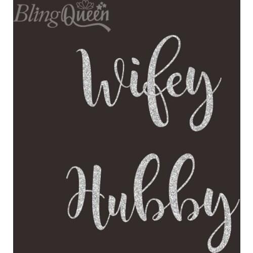 BlingQueen 12PCS/LOT Iron on Transfers Wifey Hubby Patches T-shirt Appliques Heat Transfers Vinyl Glitter Stickers
