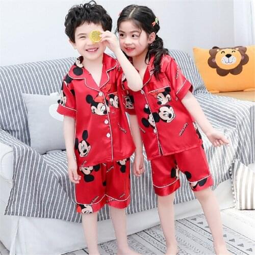 Mickey Minnie print summer childrens pajamas cardigan short-sleeved boys and girls cute cartoon home service suit 1 set