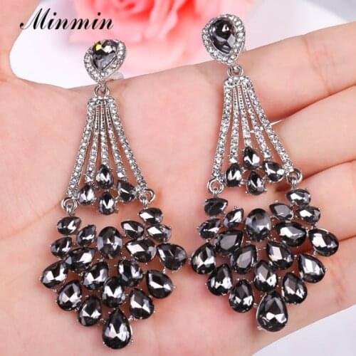 Minmin Black Crystal Long Big Hanging Drop Earrings for Women Luxury Vintage Large Statement Wedding Dangle Earrings 2020 EH1778