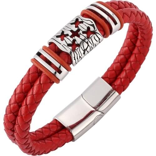 Fashion Men Women Jewelry Red Leather Bracelet Double Braided Handmade Leather Rope Hand Strap Charm Jewelry Bracelet BB0113