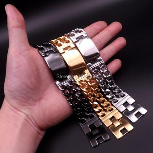 Gold/ Black Heavy Cool 316L Stainless Steel Mens Shiny ID Bangle Smooth Double WIDE Curb Chain Bracelet 22MM 8.66
