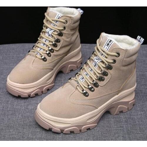 New Thick Bottom Snow Boots Lace Up Martin Boots Woman Platform Ankle Military Boots Warm Fur Winter Women Boots A370