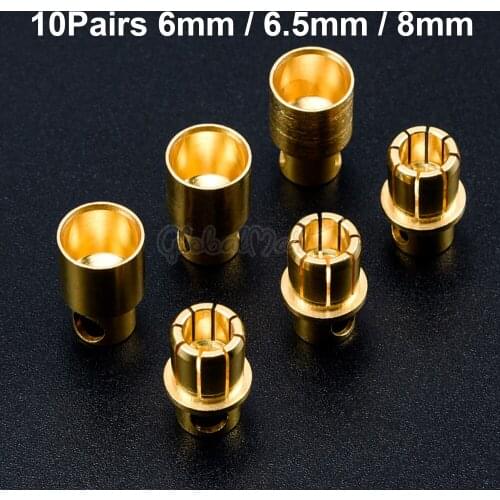 10 Pair 6mm 6.5mm 8mm Gold-plated Bullet Plug High Current Banana Connector for RC Lipo Battery Accessories