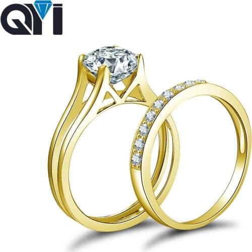 QYI Wedding Band Ring 14K Solid Yellow Gold Women Fashion Jewelry Round Sona Simulated Diamond Engagement Ring Set