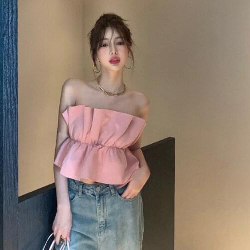 Pink Strapless Warp Crop Top Women Spring Summer 2021 New Slim Pleated Off-the-shoulder Sleeveless Vest Top Mujer Verano 2021