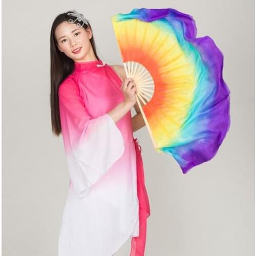 Professional 76cm Rainbow Silk Fan Veils 1 Pair Belly Dance Folding Circle Fan Dancer Stage Show Props
