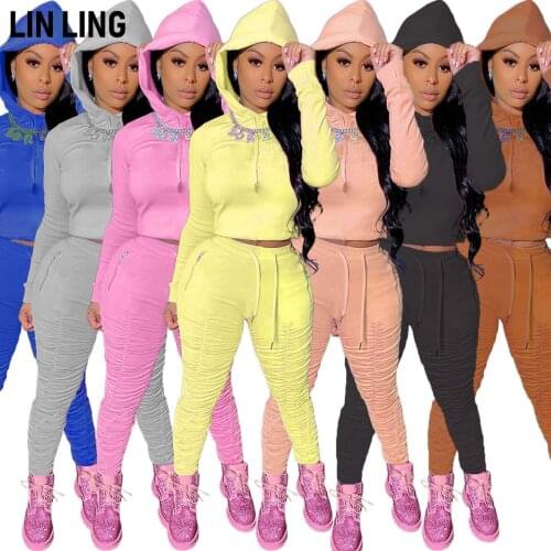 Elastic Drawstring Long Sleeve Hoodie + Lace Up Tight Pleated Pants Two Piece Set for Daily Home Leisure