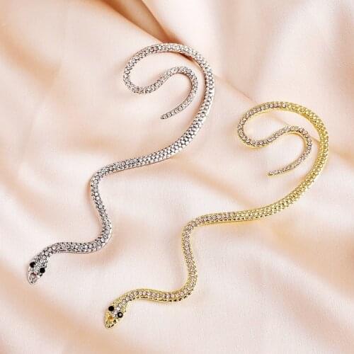 Minar Personality Full Rhinestones Twisted Snake Clip Earrings for Women Black Gold Color Metal Twist Animal Long Earrings Gifts