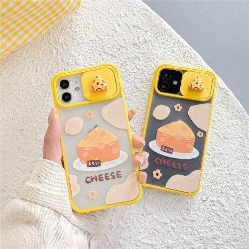 Cartoon Cheese Sliding Lens protection Phone Case for iPhone 12Pro MAX 11 7 8 Plus X XR XS MAX Lovely Cute Matte Phone Cover