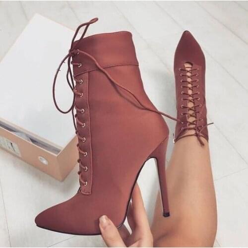 Customized Plus Size Women Booties Pointed Toe Lace-up Stretch Fabric Women Winter Boots 2018 Fashion Thin Heels Zipper Boot