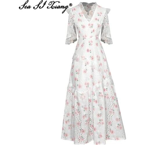 Seasixiang Fashion Designer Summer Long Dress Women V-neck Ruffles Short Sleeve Flower Print Hollow Out Embroidery Vintage Dress