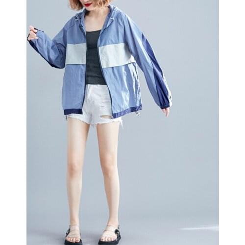 2020 Spring Summer Oversize Hooded Sun Coat Women Casual Hit Color Splice Zipper Stripe Long Sleeve Sun Protection Clothing Z313