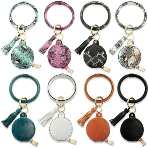 ZWPON Vegan Leather Leopard Tin Storage Case Keychain Tassel Key Rings Snakeskin Coin Purse Wristlet Keychain Wholesale