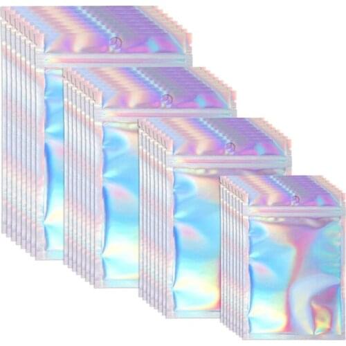 10Pcs 7.5x10/8.5x13/10x15/14x20mm Iridescent Zip lock Bags Pouches Cosmetic Plastic Laser Iridescent Bags For Jewelry Packaging