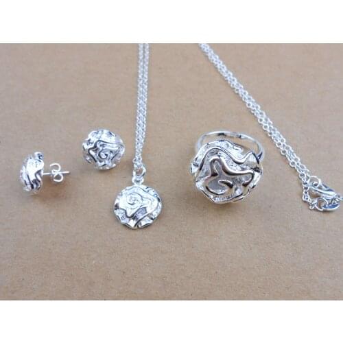 Free Shipping Set Rose Earrings Necklace Ring Three-piece 925 Jewelry Anniversary Gift Festival Gift