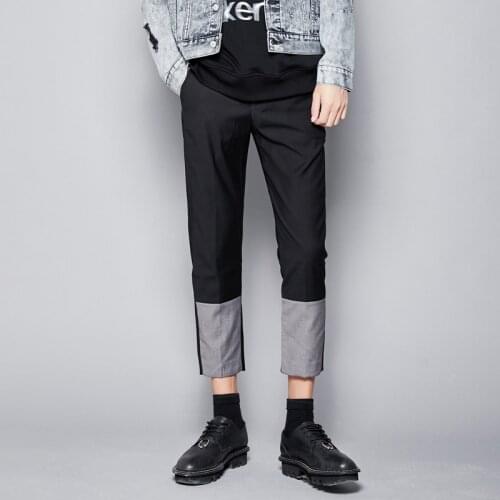 Free Shipping New Mens Male Black Original Menswear Stitching Slim-fit Small Feet Cropped Suit Pants British Tapered Trousers