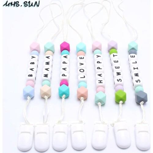 MHS.SUN Personality baby pacifier clip chain food grade silicone bead family/name letter pacifier nipple holder for baby gift