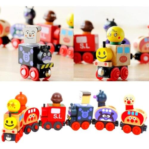 Children Baby Wooden Educational Toy 6-Car Colorful Cartoon Magnetic Train Toy Pull Toy for Over 3 Years Old Kids