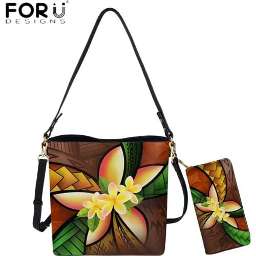 FORUDESIGNS Fashion PU Women Bucket Bag Set Polynesian Tribal Plumeria Printing Female Shoulder Sac And Purse Ropa Mujer