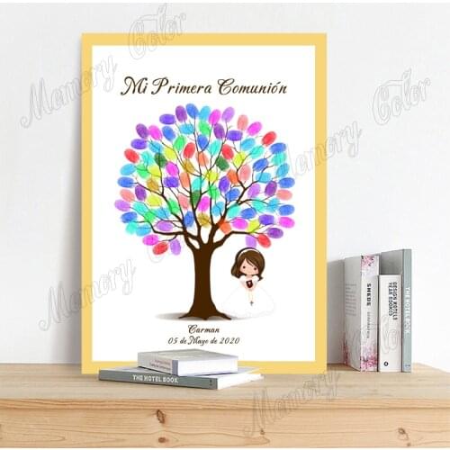 Custom Theme Name Date Mi Primera Comunión Fingerprint DIY Guest Book Tree For Kids Baptism First Communion Decoration Gift