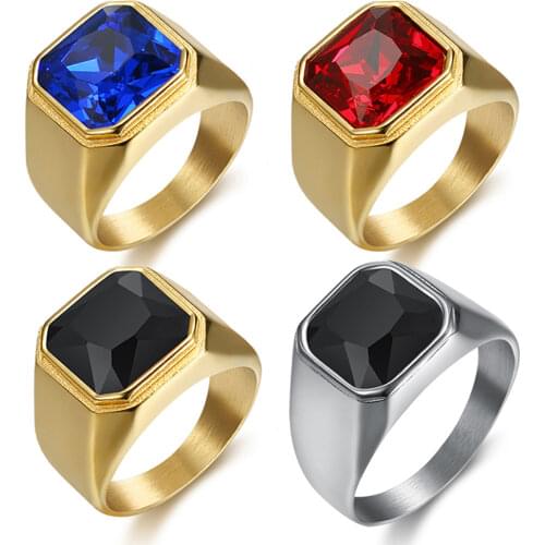 CFBulongs Mens Casual Red Big Zircon Square Ring Stainless Steel Chunky Boy League Fashion Classic Jewelry