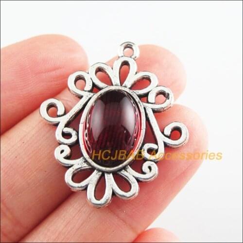 Fashion 6Pcs New Ellipse Charms Red Glaze Flower Pendants Tibetan Silver Tone 27.5x32mm