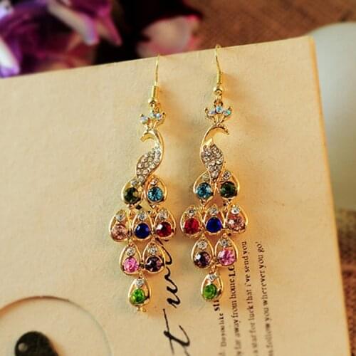 Portia style ear nail foreign trade jewelry women exquisite vintage multi-color peacock crystal earrings