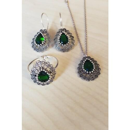 Sterling silver Oxidized Filigree Green Emerald Cubic Zirconia Triple Set
