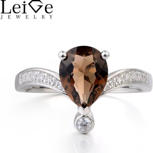 Leige Jewelry Genuine Natural Smoky Quartz Ring Engagement Ring Pear Cut Brown Gemstone Solid 925 Sterling Silver Ring for Girls