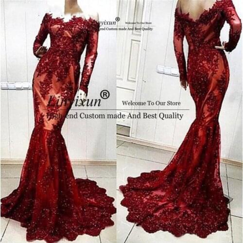 Burgundy Mermaid Evening Dresses 2020 Special Occasion Actual Images Lace Beaded Contrast Color Sexy Formal Gowns For Women Wear