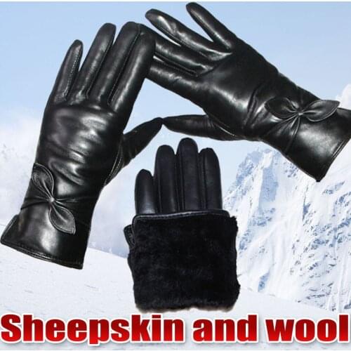 Leather fur Sheepskin Gloves female sheepskin wool gloves thick warm leather real wool gloves winter touch screen windproof
