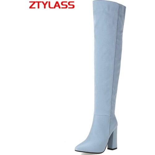 20021 Autumn Winter Women Over The Knee Boots Print Pu Square High Heel Knee High Boots Slip On Pointed Toe Long Boots Shoes