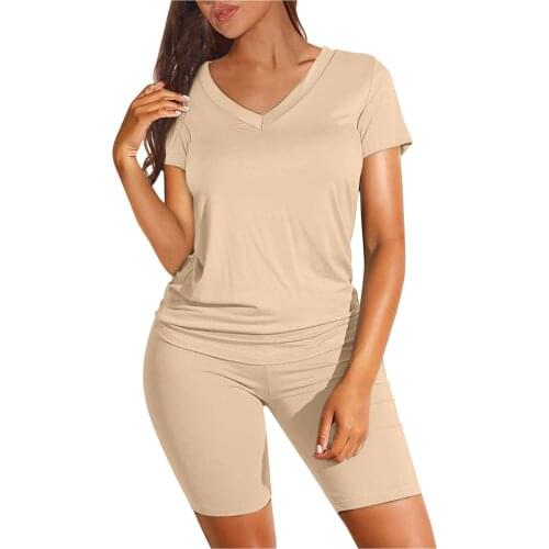 Fashion Women Two Piece Outfits Summer Short Sports Sleeve V-Neck T-Shirt Biker Shorts Sets 2021 Gym Running Cycling Suit A40