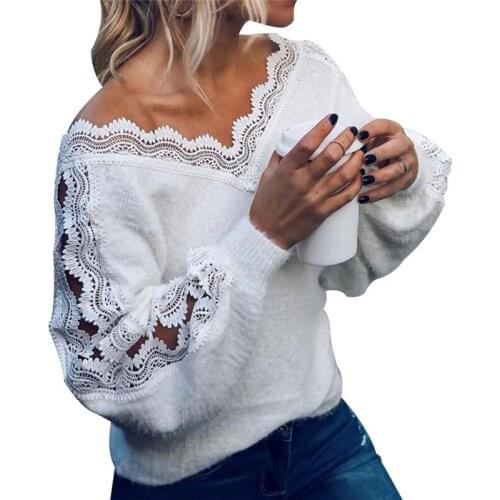 Sexy V-Neck Lace Hollow Knit Sweater Autumn Winter Long Sleeve Loose Pullover Tops Elegant Women White Jumper Dating Top