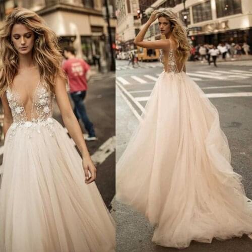 Sexy Berta Bridal Champagne Princess Wedding Dress Backless V Neck A-line Bridal Gown Embellished Vestido De Noiva Bride Dresses