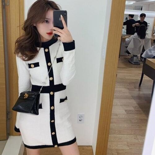 2021 Autumn Sheath Mini Knit Dress Girls Patchwork Sexy Bodycon Buttons Soft Stretchy Sweater Dresses For Women