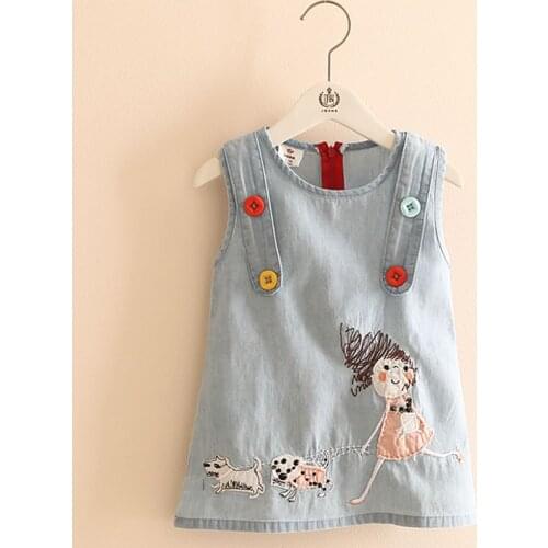 2021 Summer New Fashion Little Girl Embroidery Cartoon Dog Tank Vest Dresses With Buttons O-Neck Baby Girls Kids Denim Dress