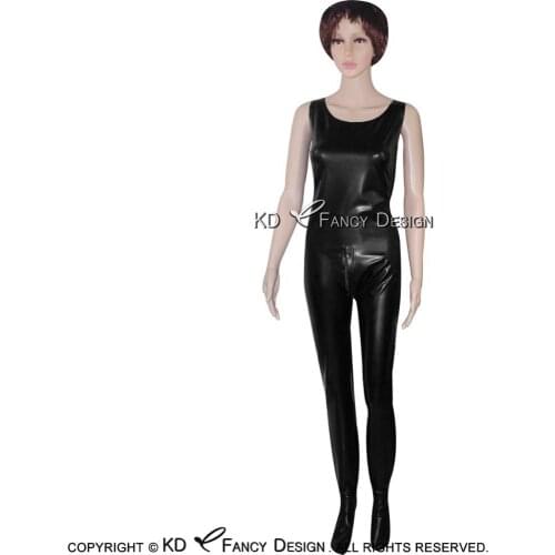 Black Sleeveless Sexy Latex Catsuit With Feet Crotch Zipper Rubber Bodysuit Overall Zentai Body Suit Plus Size LTY-0015