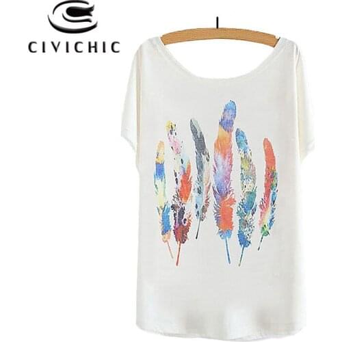 CIVI CHIC Lady Bat Sleeve T Shirt Women Fashion Colorful Feathers Print Tshirt One Size Loose Top Tees Street Snap T-shirt WST75