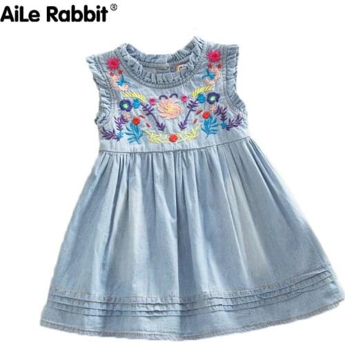 AiLe Rabbit Girls Denim Dress Princess Dress embroidered Sleeveless high quality casual comfortable childrens clothing k1