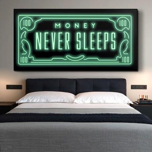 Inspiring Money Never Sleeps Posters Canvas Decorative Printed Wall Art Painting Home Decor for Living Room Pictures Decorations
